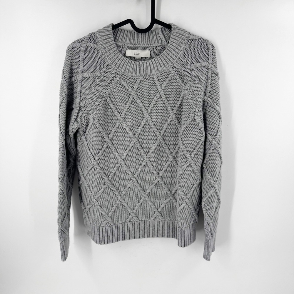 Loft Womens Gray Diamond Cable Knit Crewneck Sweater Cotton Blend 522206‎ Size M
